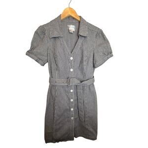 Live a Little Seersucker Gray and White Pinstripe Belted Shirt Dress Size 14